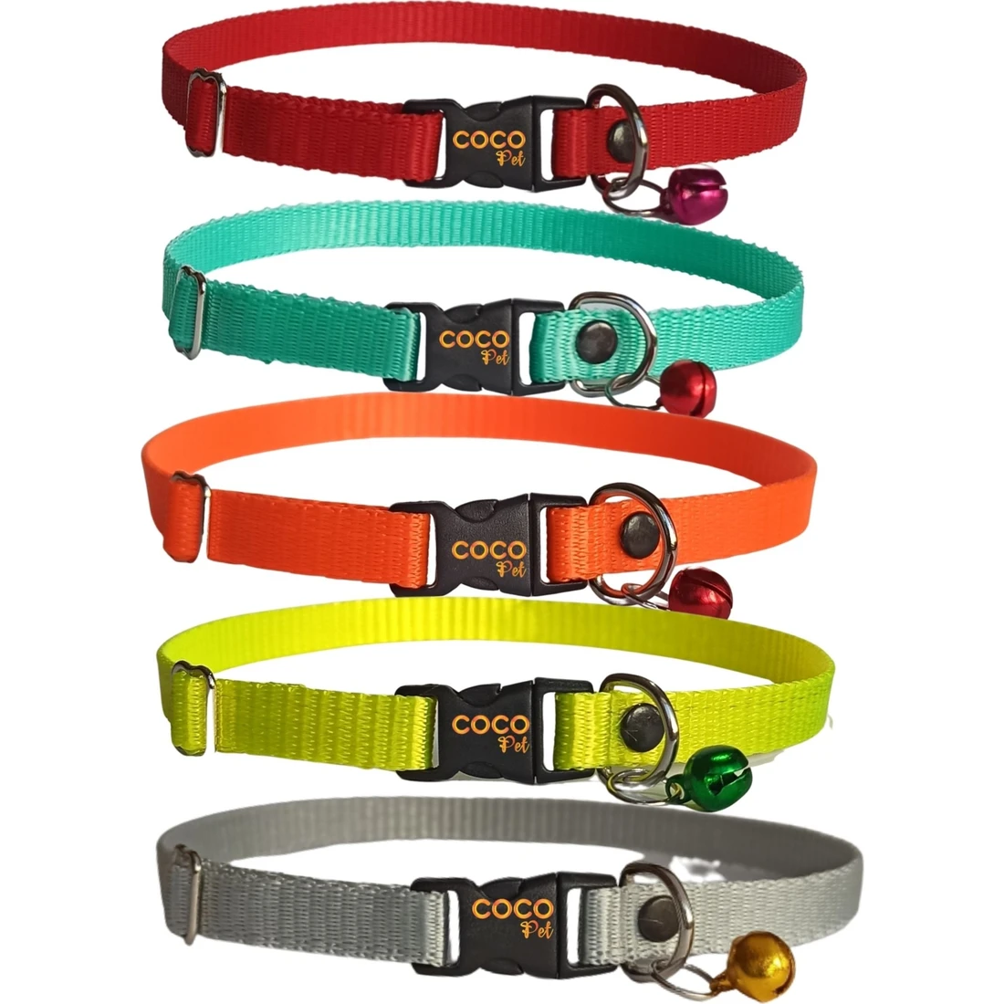 Coco Pet Kedi Boyun Tasması Zilli 5’li Set 20-37 cm Turuncu Turkuaz Sarı Gri Kırmızı